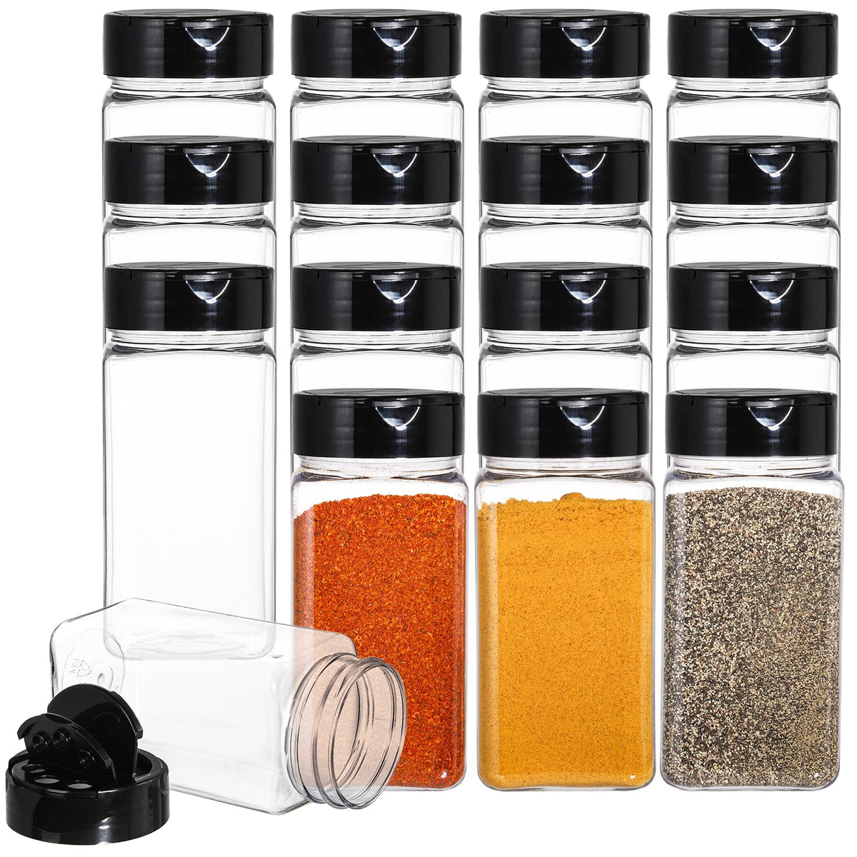 Bekith 16-pack spice jars with black cap for quick spice identification.