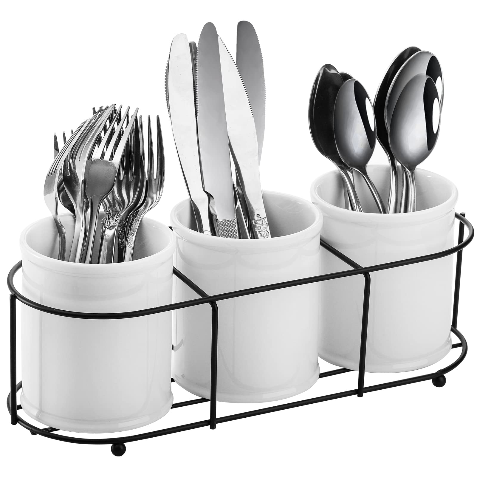 Bekith ceramic silverware caddy with three cup holders for neat tabletop organization.