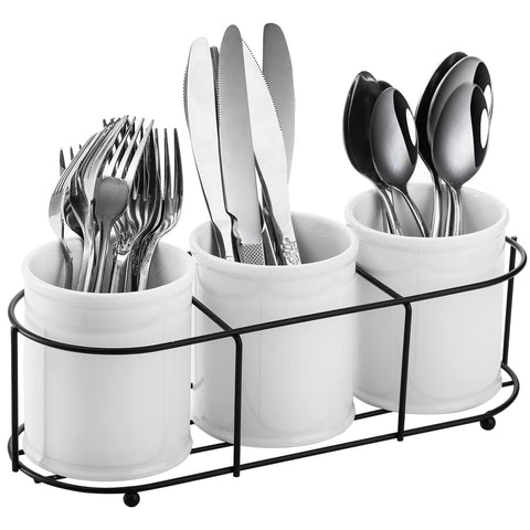 Bekith ceramic silverware caddy with three cup holders for neat tabletop organization.