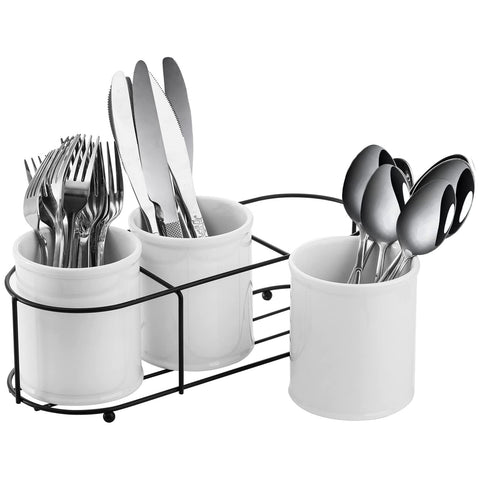 Bekith black metal rack keeps utensils upright for easy access during gatherings.
