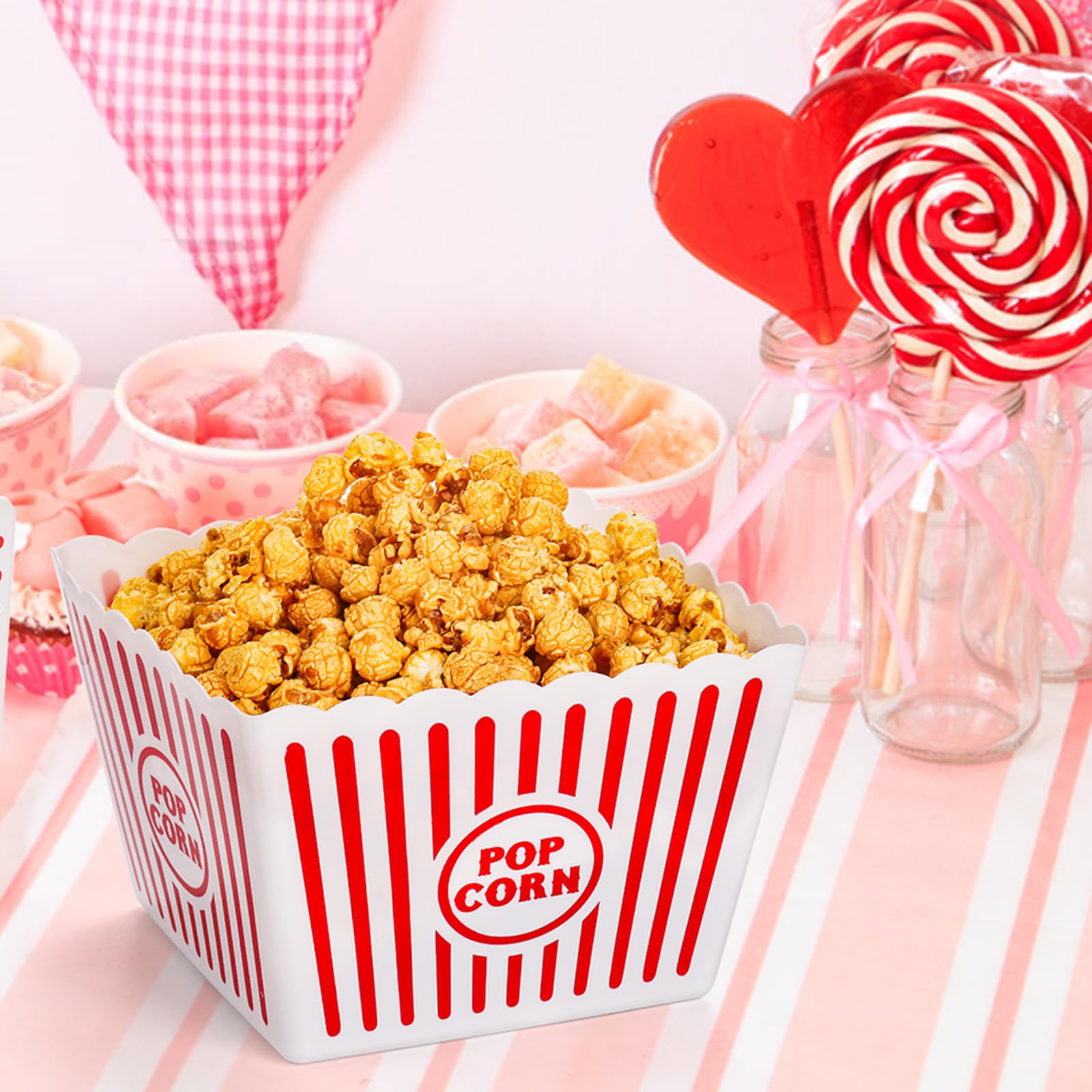 Bekith carnival-theme display with striped popcorn buckets