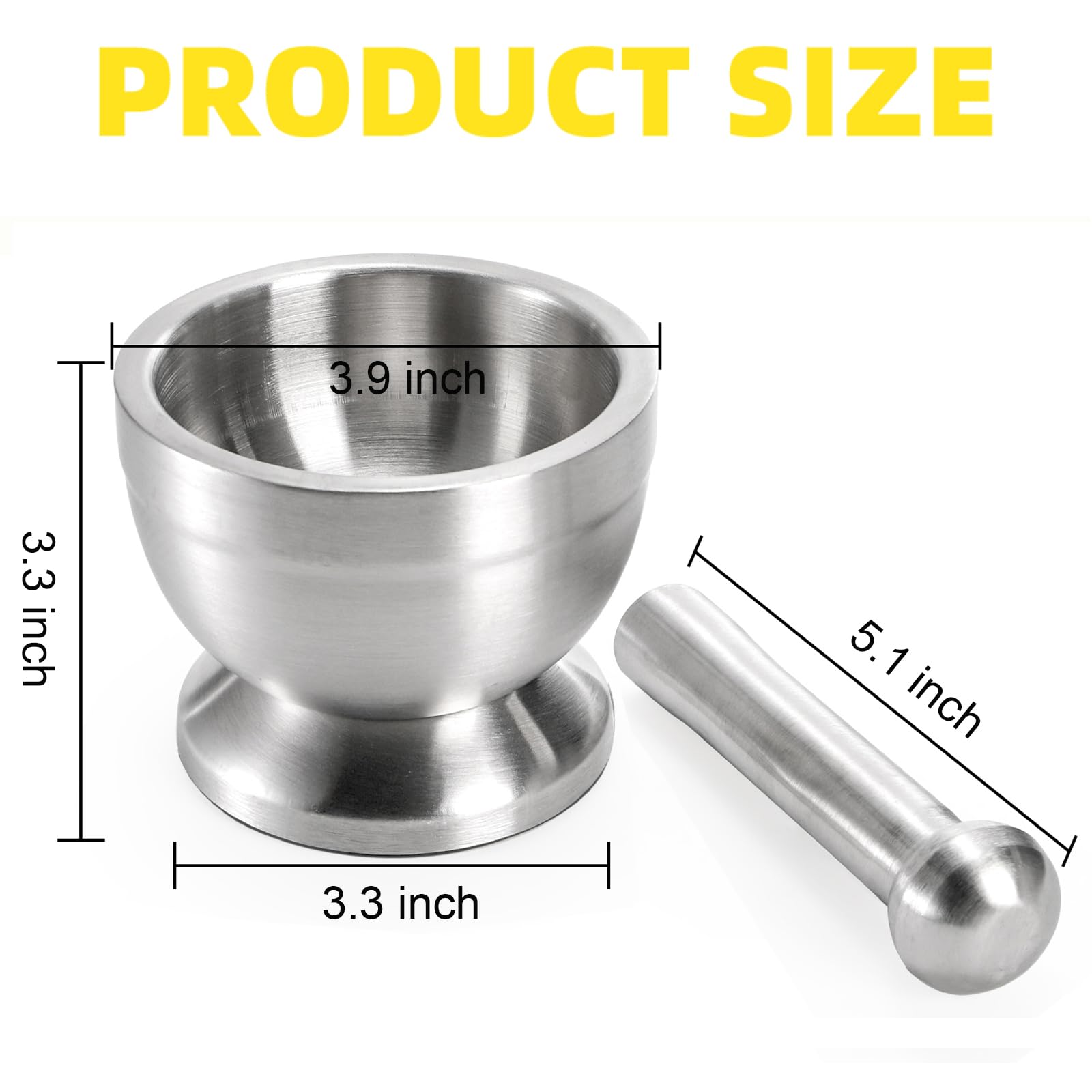 Bekith brushed stainless steel mortar and pestle with non-slip bottom for stability