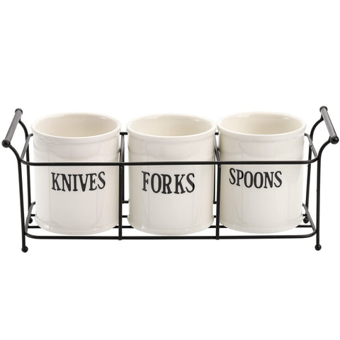 Bekith spoon holder in white ceramic keeps utensils within reach during meals.