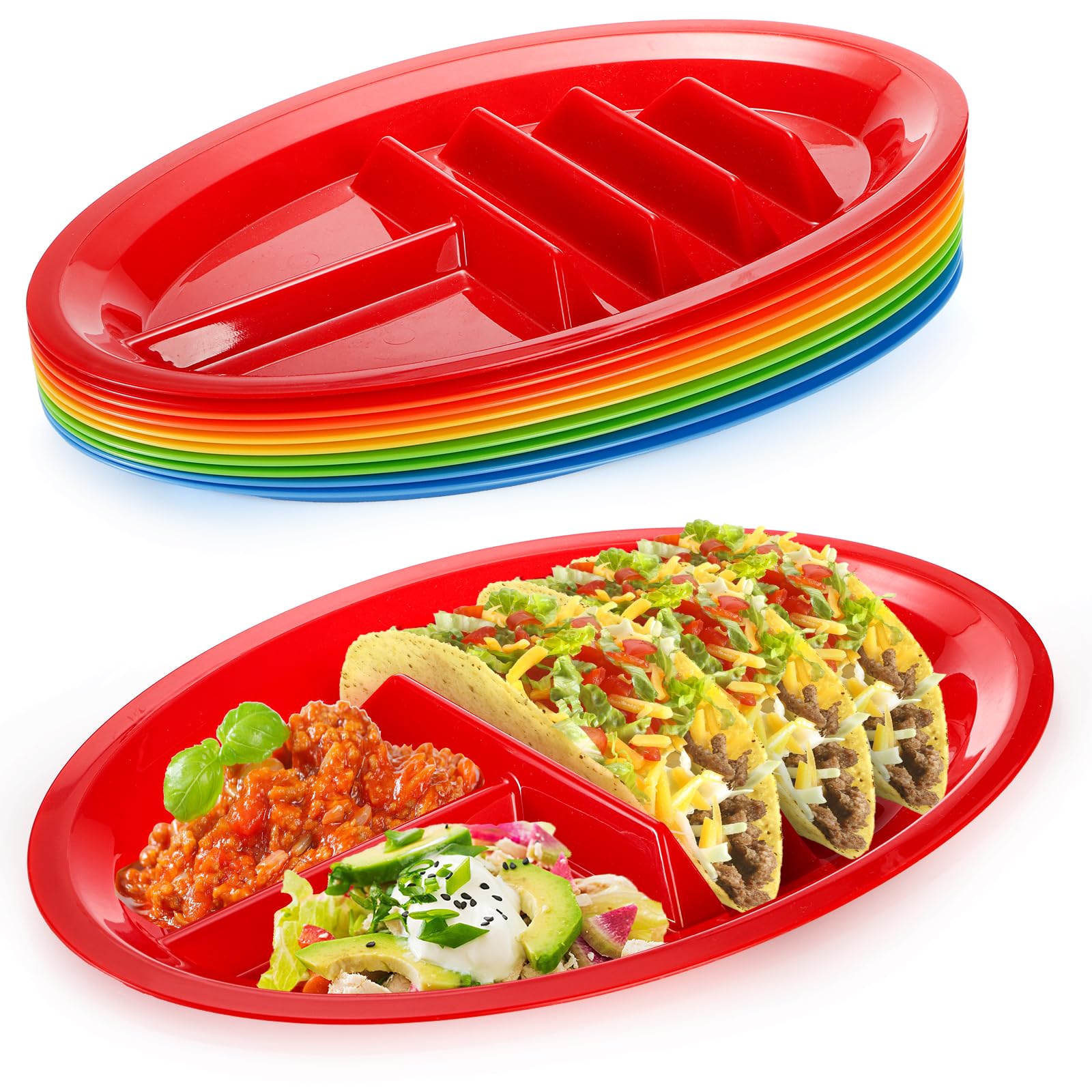 Bekith taco plates securely hold 3 tacos for organized serving.