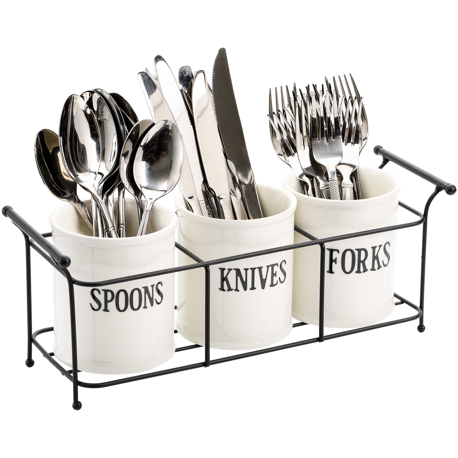 Bekith white ceramic silverware caddy with black rack for neat countertop organization.
