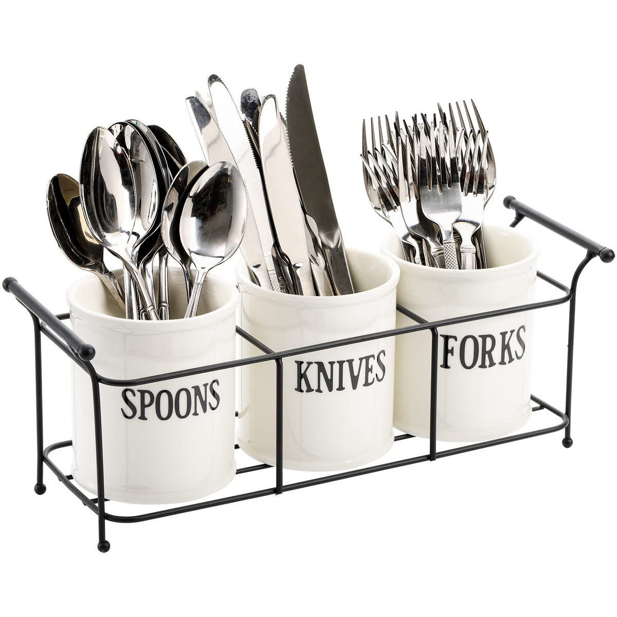 Bekith white ceramic silverware caddy with black rack for neat countertop organization.