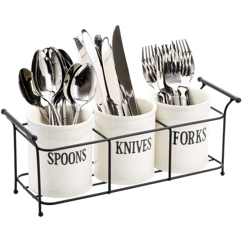 Bekith white ceramic silverware caddy with black rack for neat countertop organization.