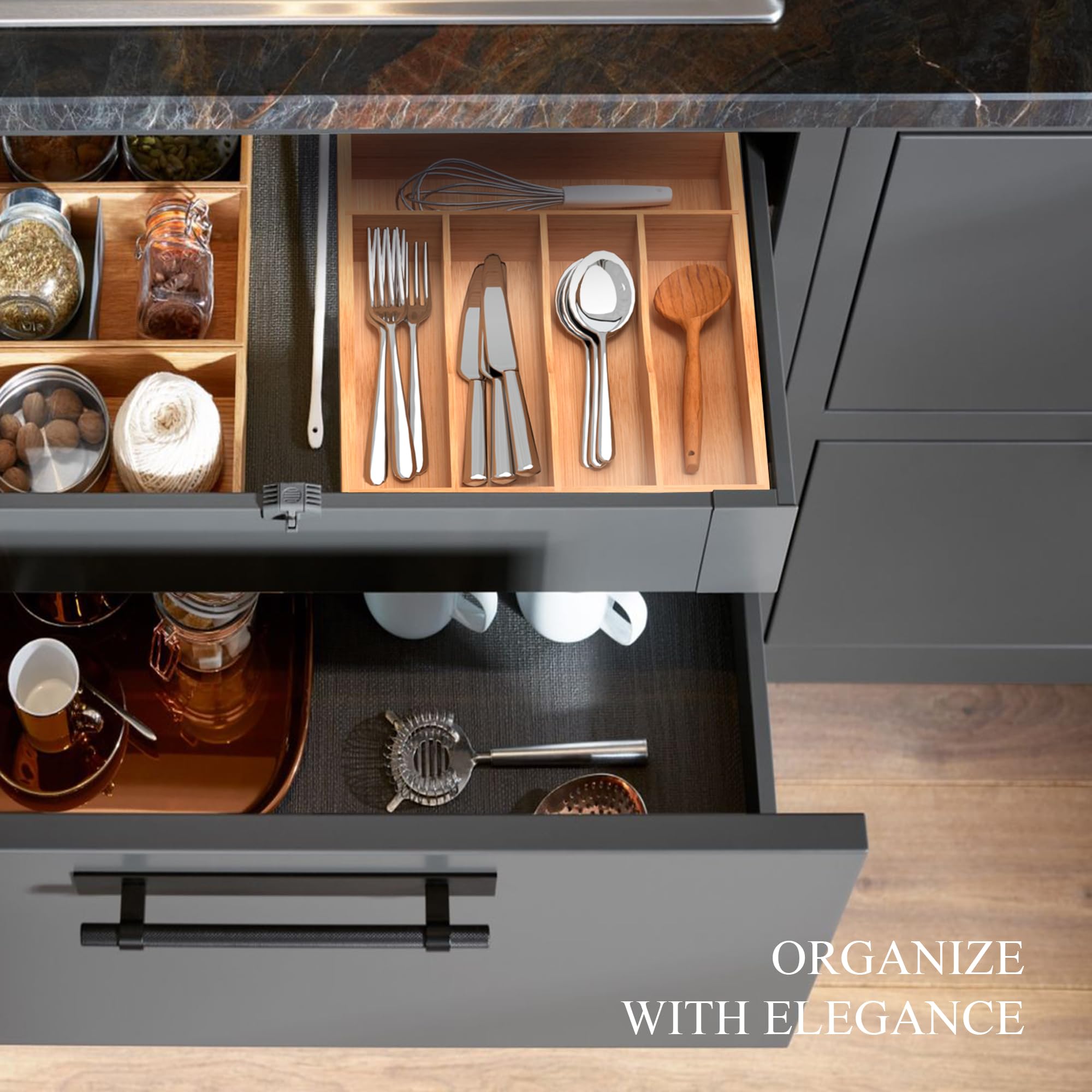 BEKVEM bamboo organizer with anti-slip pads prevents sliding during drawer use.