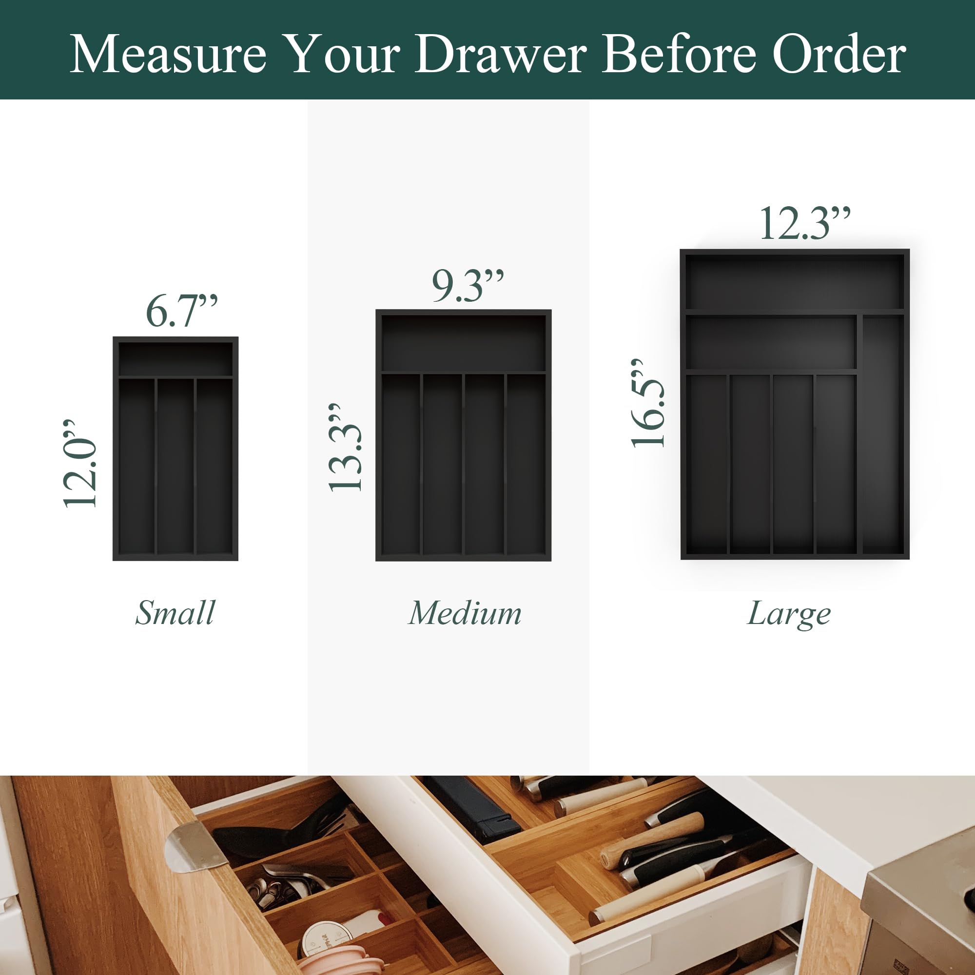 BEKVEM bamboo silverware organizer interior view showing organized storage.