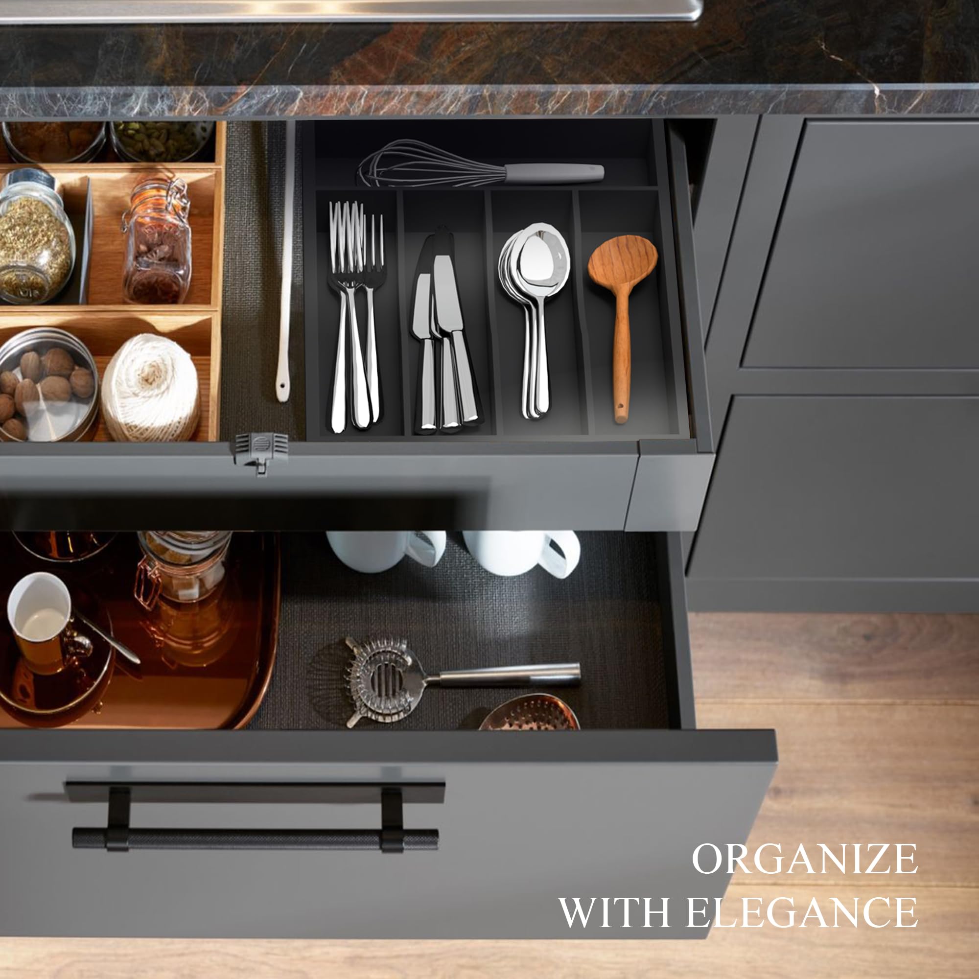 BEKVEM bamboo organizer with grooved dividers keeps utensils separated and stable.
