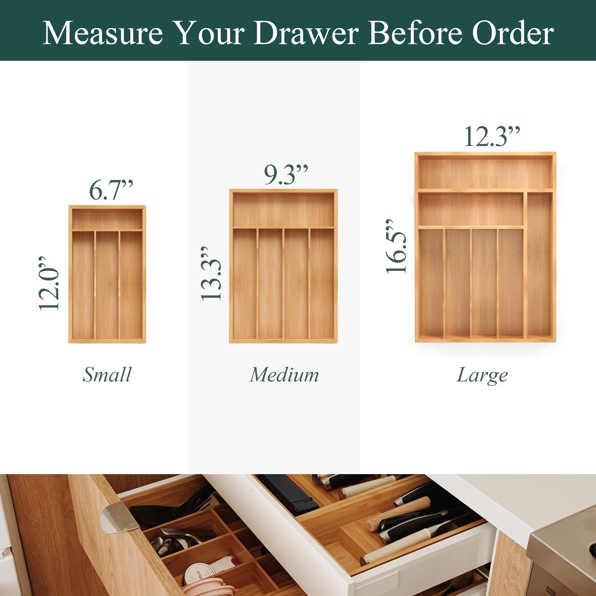 BEKVEM bamboo organizer shows grooved dividers that cradle each utensil securely.