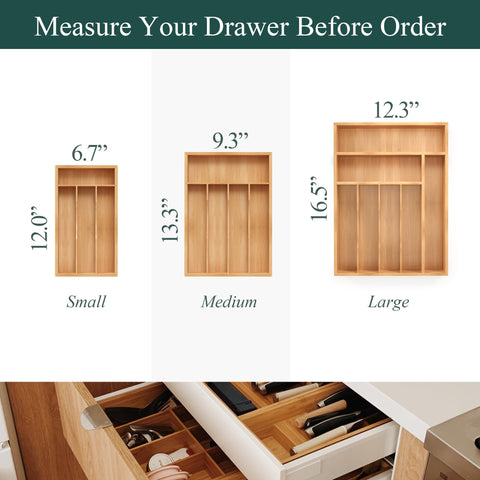BEKVEM bamboo organizer shows grooved dividers that cradle each utensil securely.