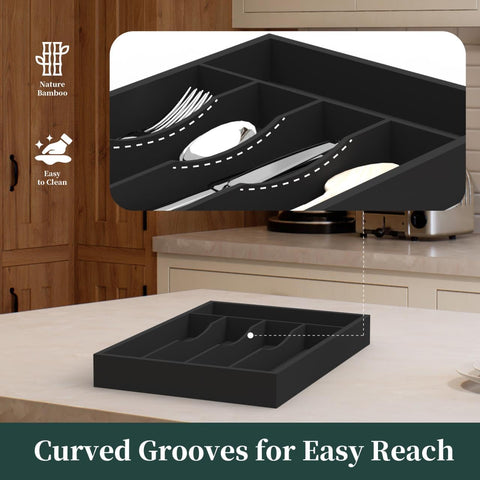 BEKVEM black bamboo silverware tray closeup highlights durable finish and easy cleaning.