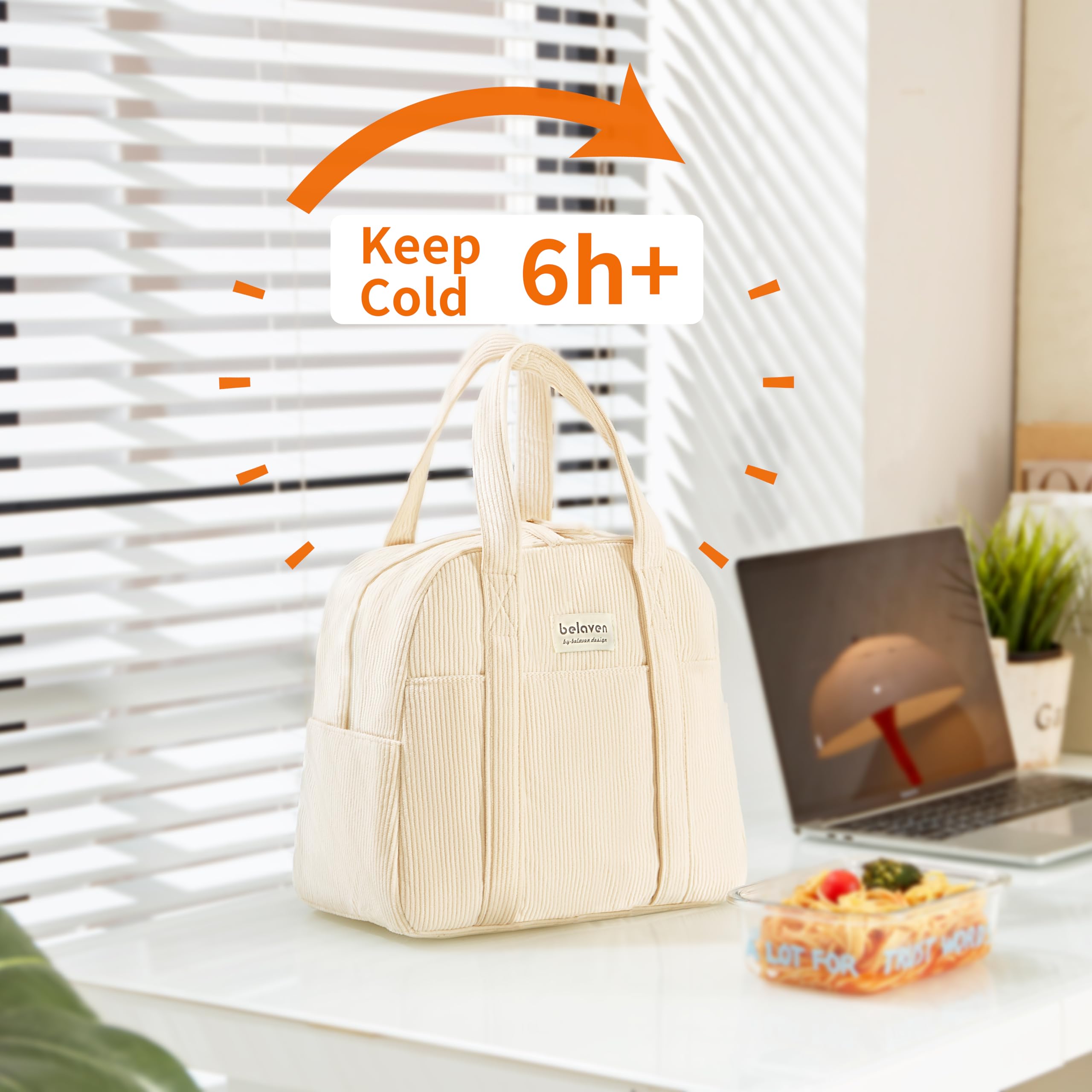 Belaven insulated lunch bag beige side view demonstrates 6-hour cold retention