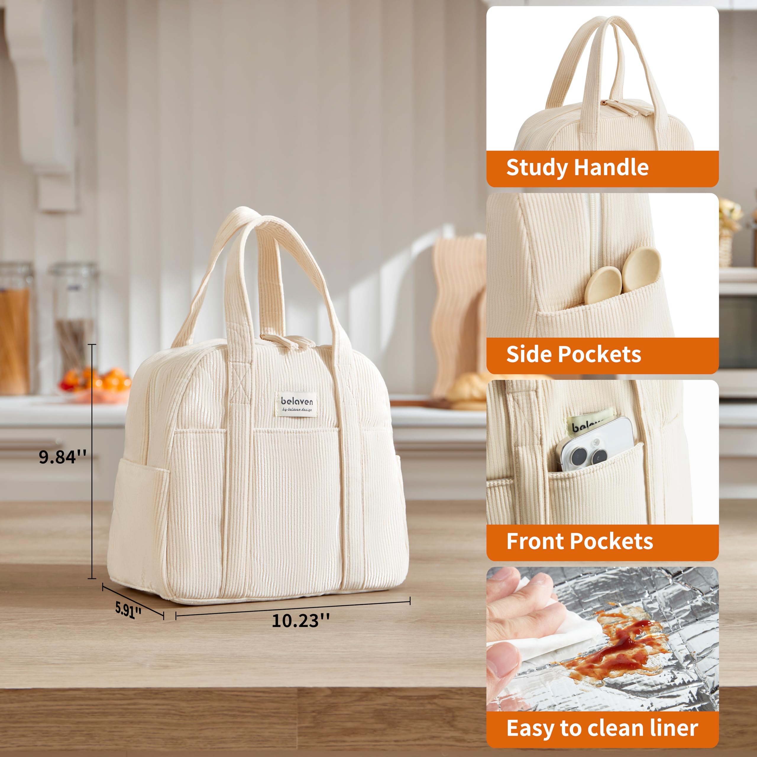 Belaven insulated lunch bag corduroy exterior with leakproof design