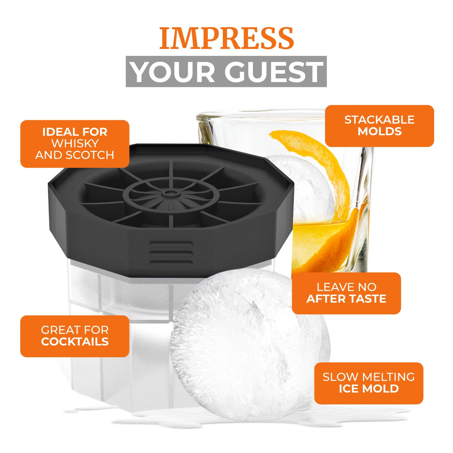 BELLA AMAZING 2.5-inch ice sphere for whiskey, designed to chill slowly without watering down.