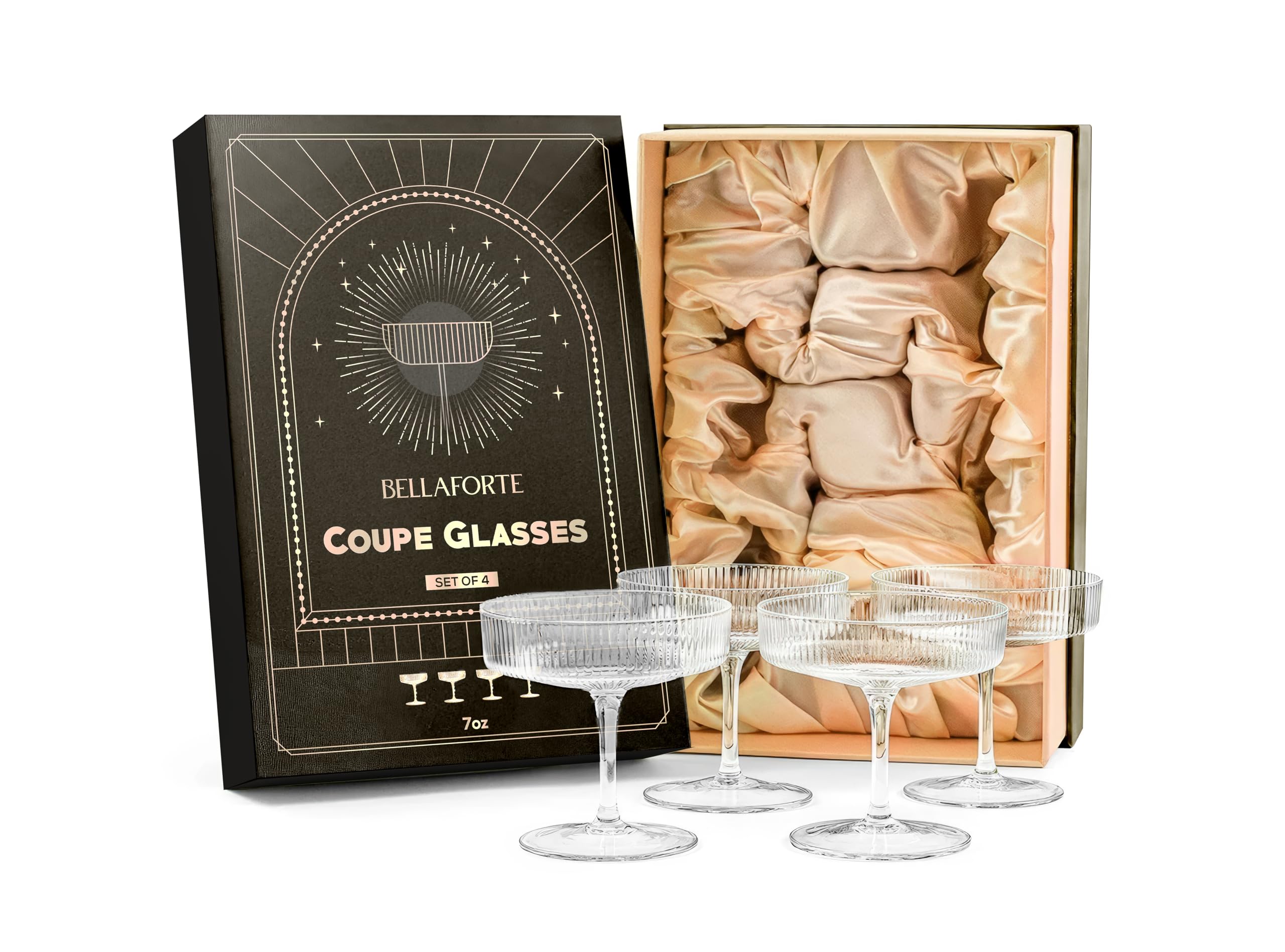BELLAFORTE champagne coupe glasses with 7 oz capacity for festive toasts