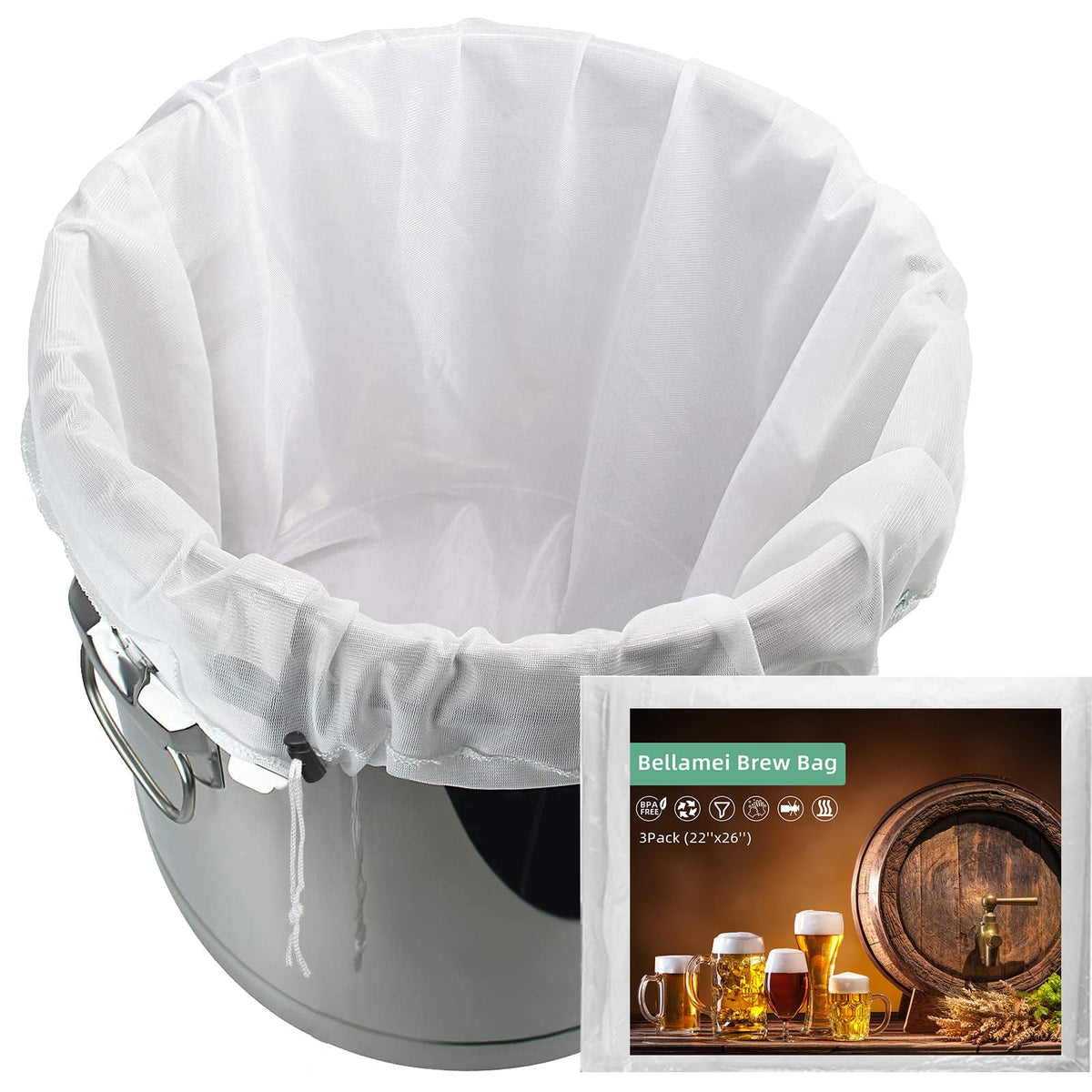Bellamei Brew Bags 3 Pack extralarge 26x22 inches for BIAB brewing in large kettles.