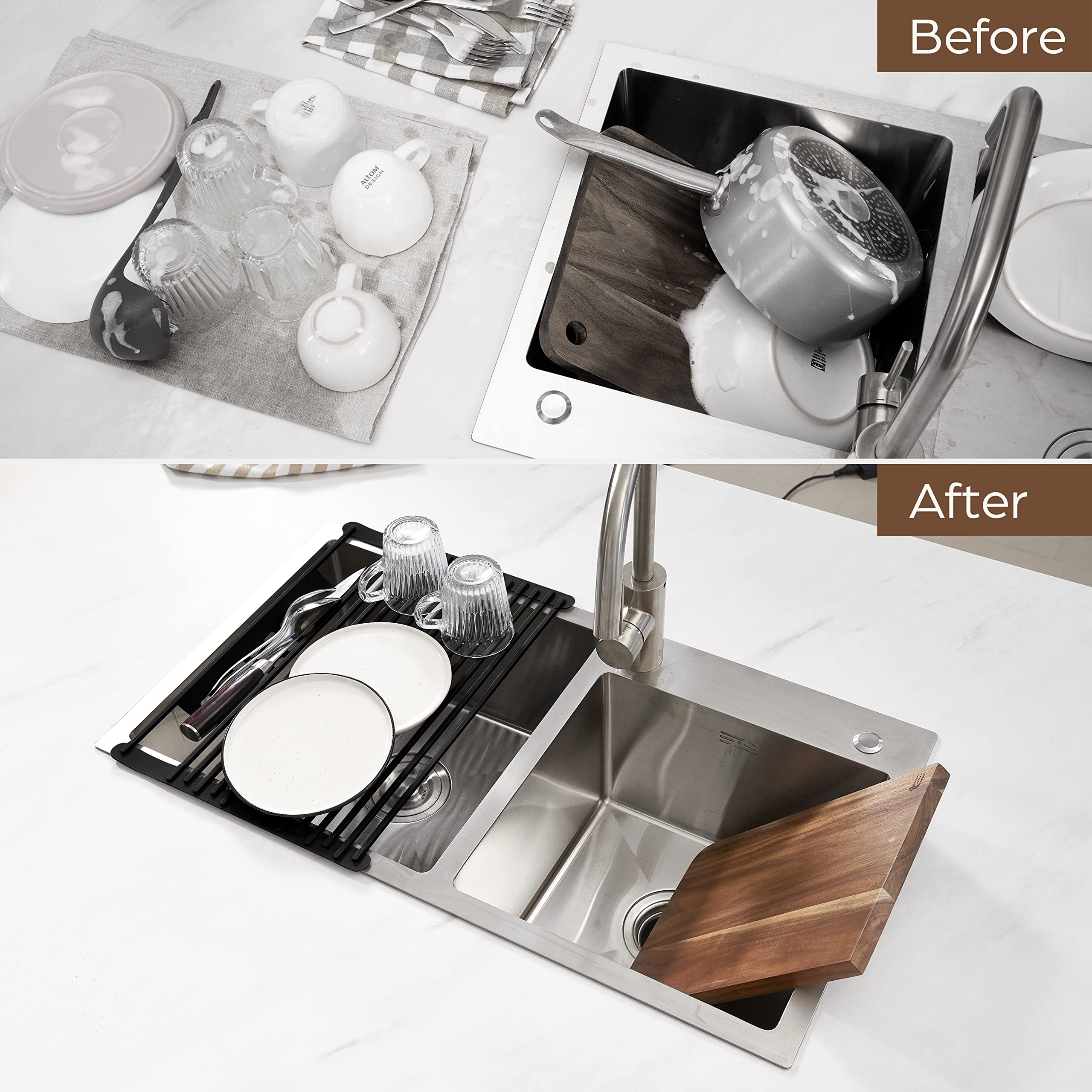 BELLE TERRE rack rolled up compactly to save counter space