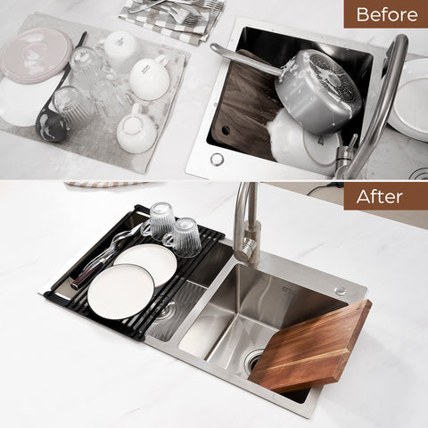 BELLE TERRE rack rolled up compactly to save counter space