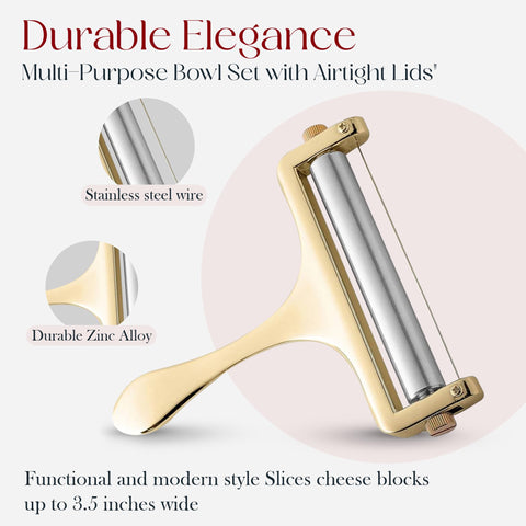Bellemain cheese slicer in action delivering uniform slices for trays and antipasti.