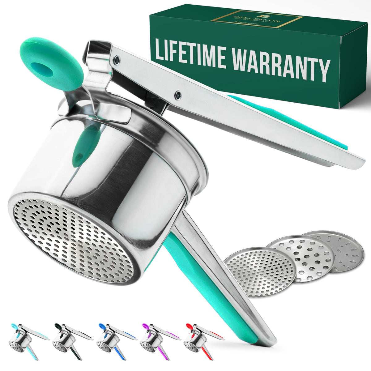 Bellemain heavy-duty potato ricer full view with green finish for easy mashed potatoes