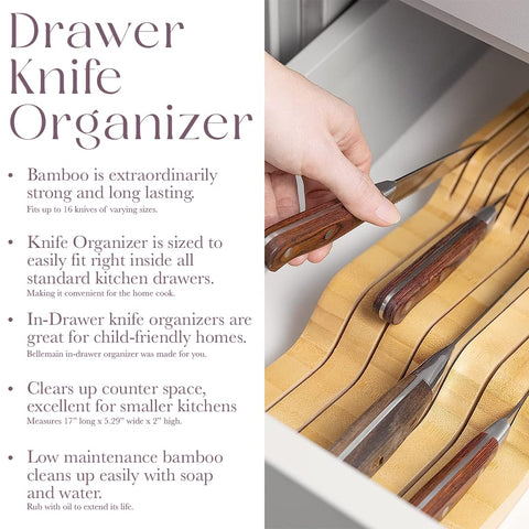 Bellemain in-drawer knife organizer fits standard kitchen drawers for easy access.