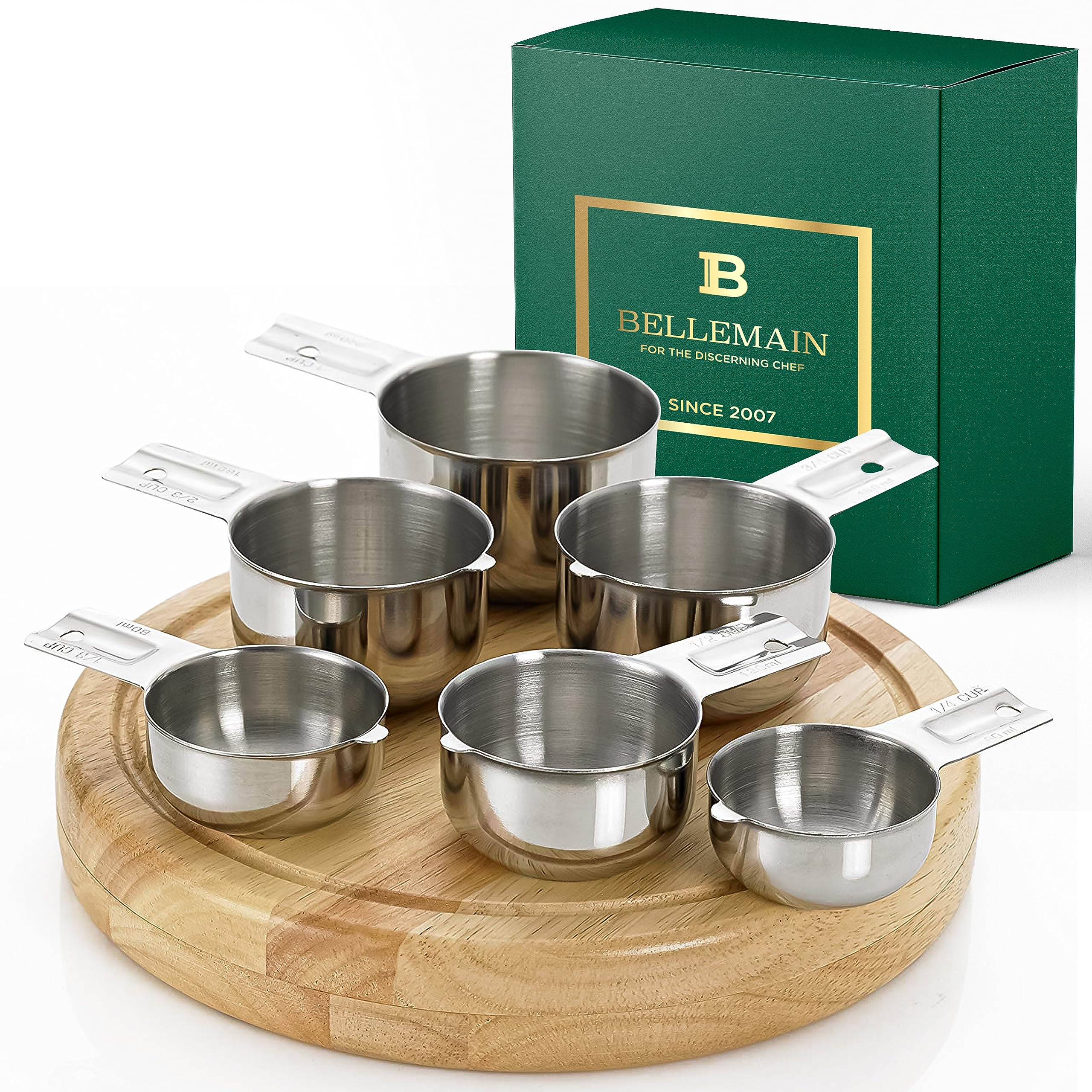 Bellemain measuring cups with nesting flat-bottom design save space and prevent tipping.