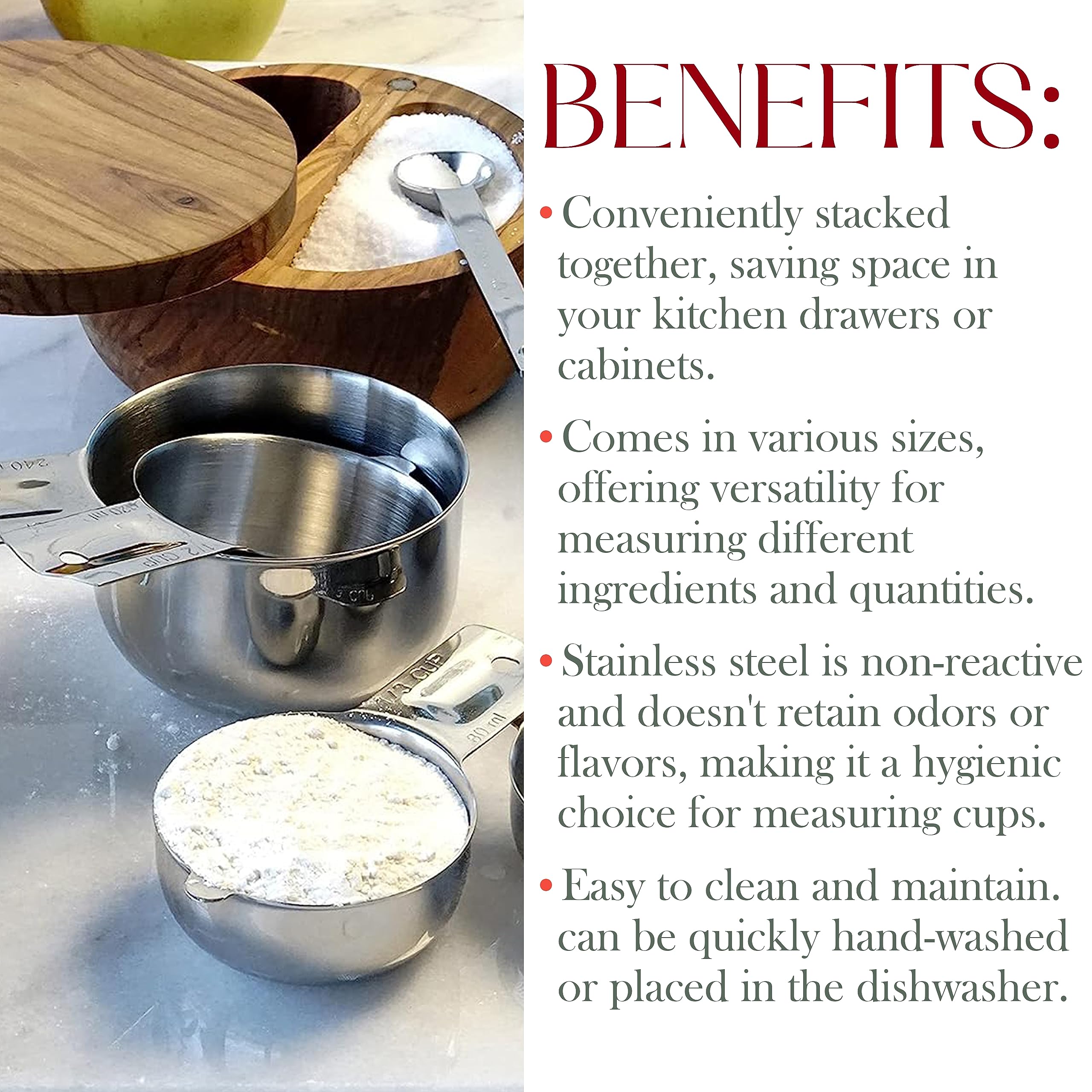 Bellemain wide-handled cups provide a comfortable grip while measuring.