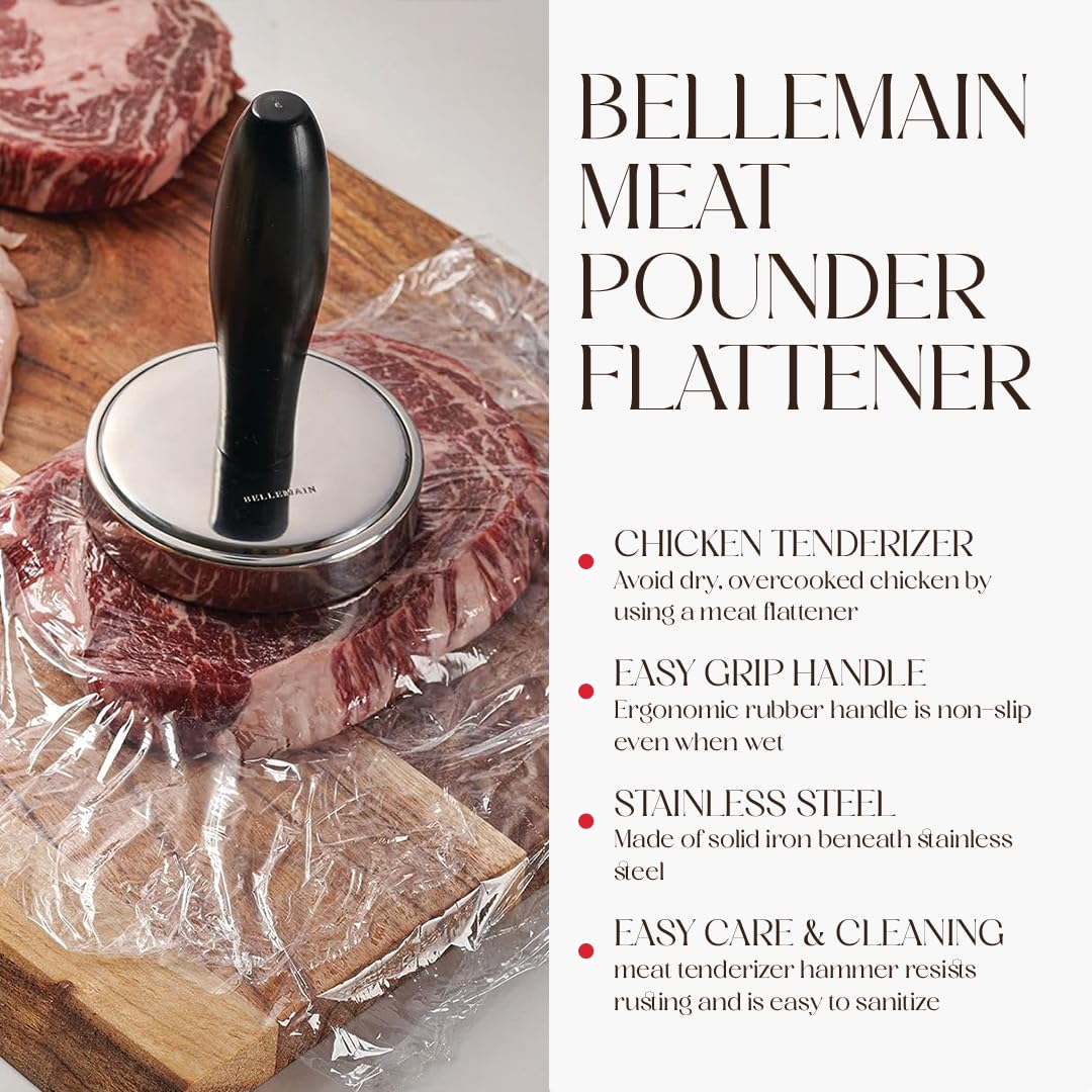 Bellemain meat pounder demonstrates chicken tenderizer flattening breasts for even cooking