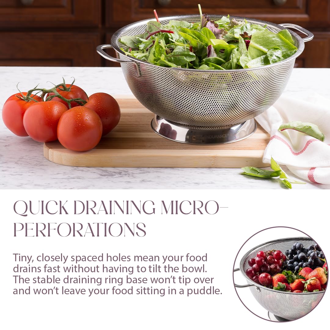 Bellemain colander features micro-perforations for fast, clog-free draining.