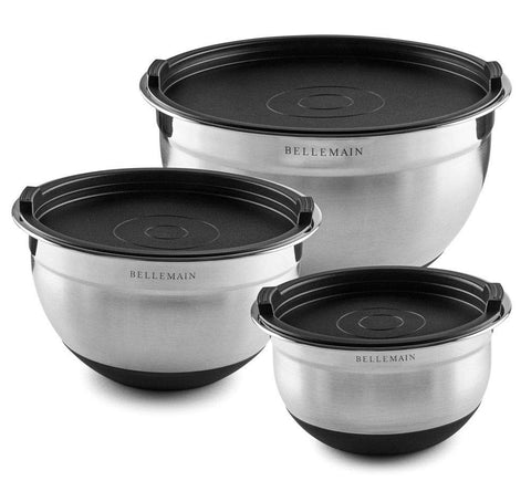 Bellemain mixing bowls with lids in use for batter prep and storage
