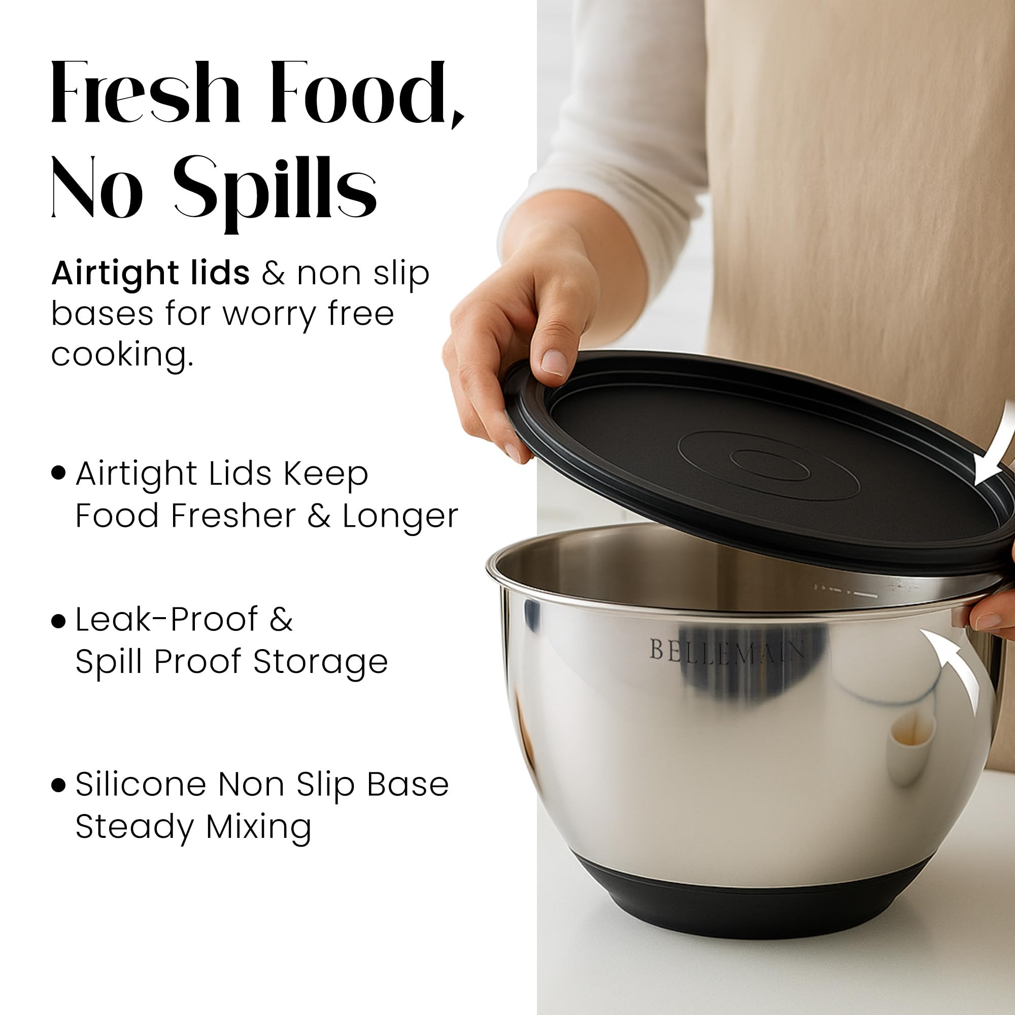 Nestled, space-saving Bellemain stainless steel bowls for meal prep