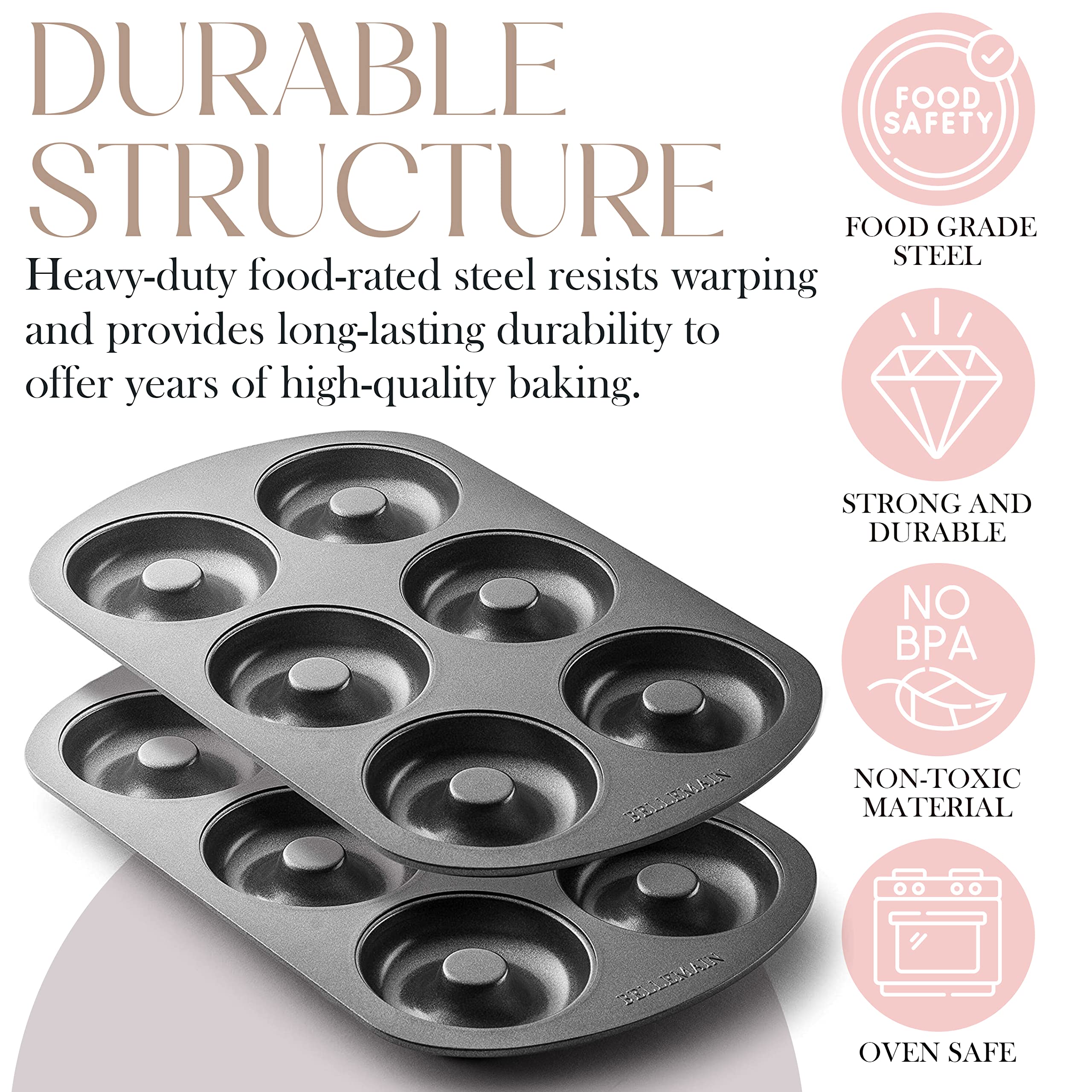 Bellemain Premiere Donut Pan nonstick coating eases release during baking.