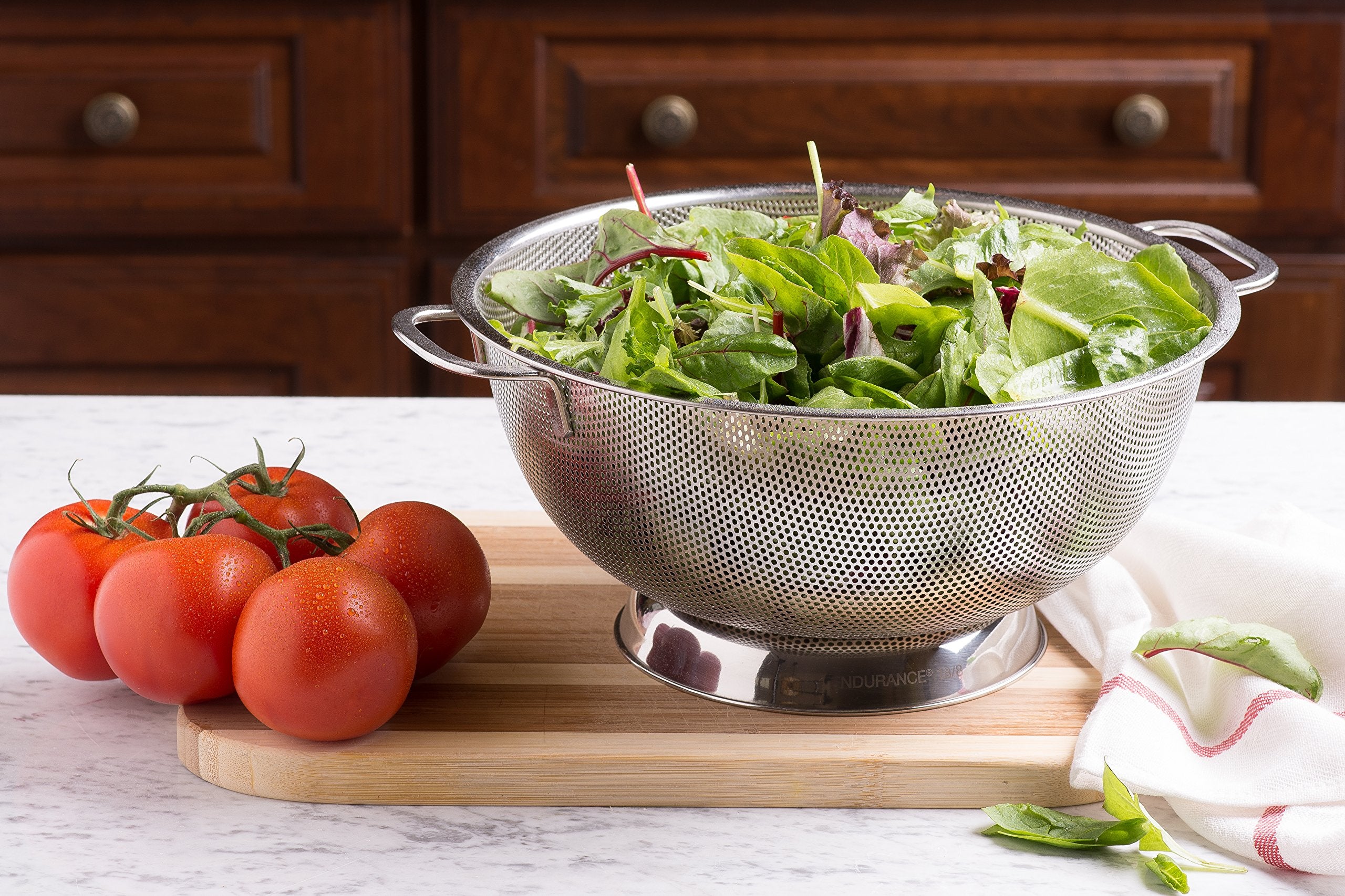 Bellemain colander riveted handles provide a durable grip.