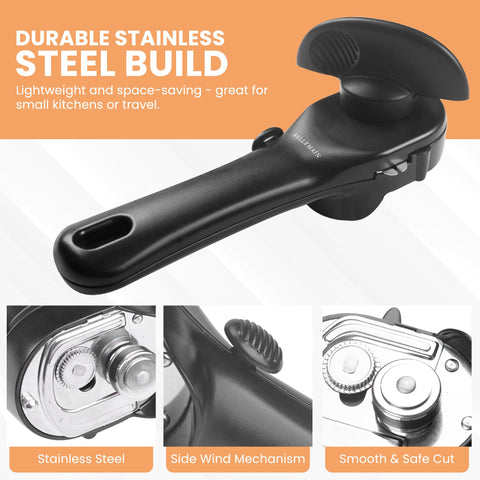 Bellemain stainless steel opener shows safe edge cutting feature.