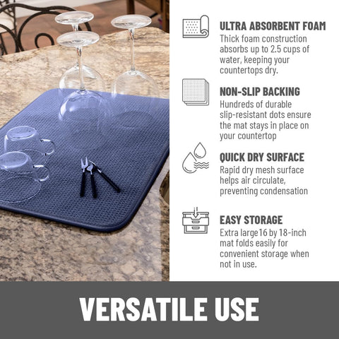 Bellemain dish mat folds neatly for storage and uses a reinforced hang tag to dry.