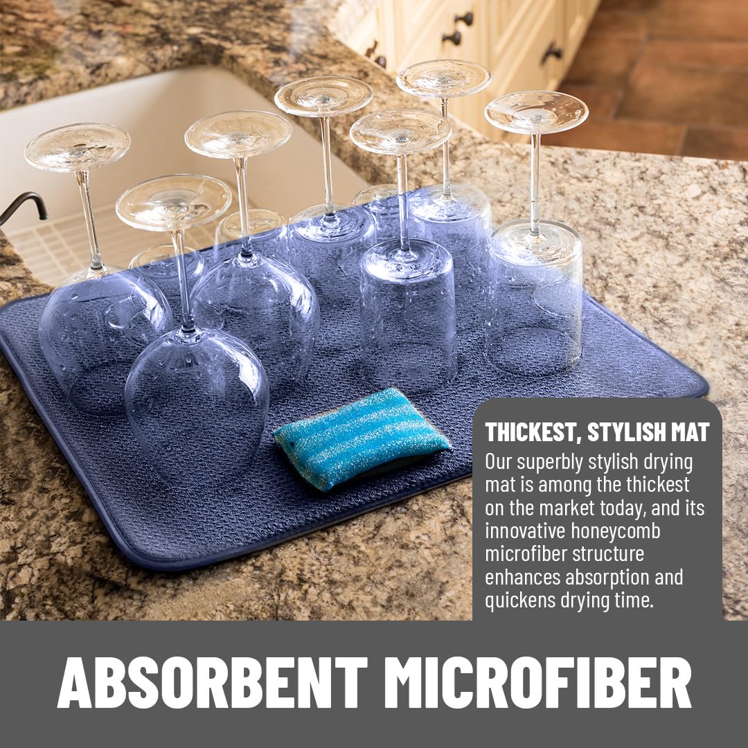 Bellemain navy dish mat highlights honeycomb weave and high absorption capabilities.