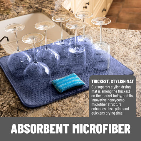 Bellemain navy dish mat highlights honeycomb weave and high absorption capabilities.
