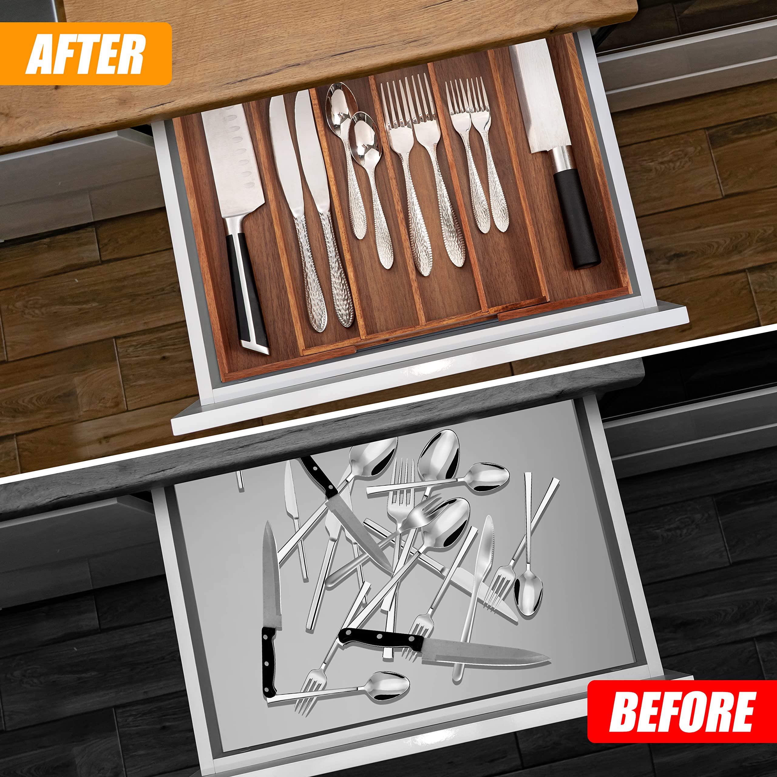 Expandable bamboo tray widens from 10 to 15 inches for drawers.