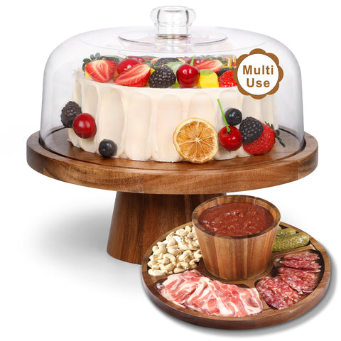 Bellsal acacia wood cake stand with lid displaying baked goods while keeping them fresh.