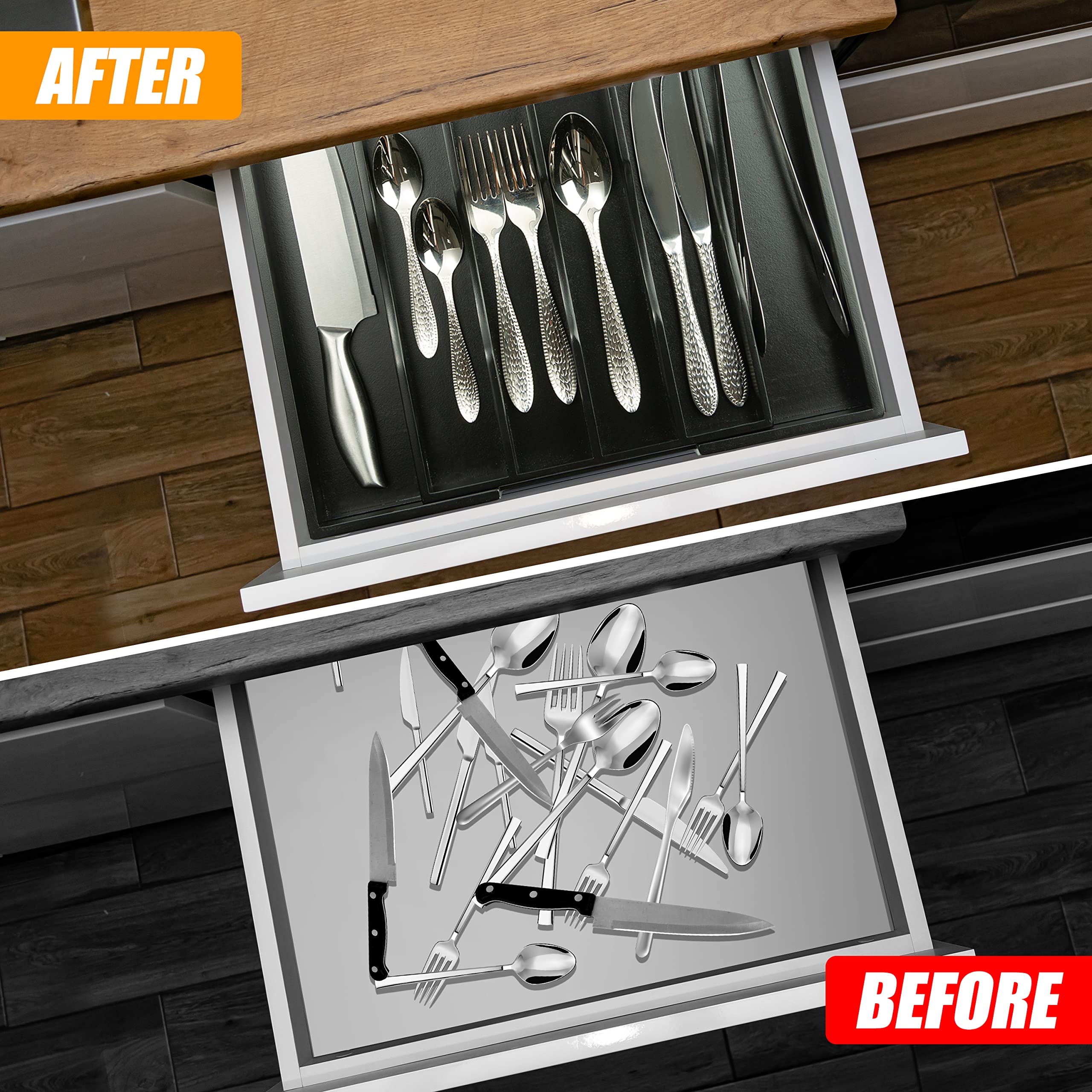 Bellsal drawer organizer closeup shows smooth burr-free surface for safety