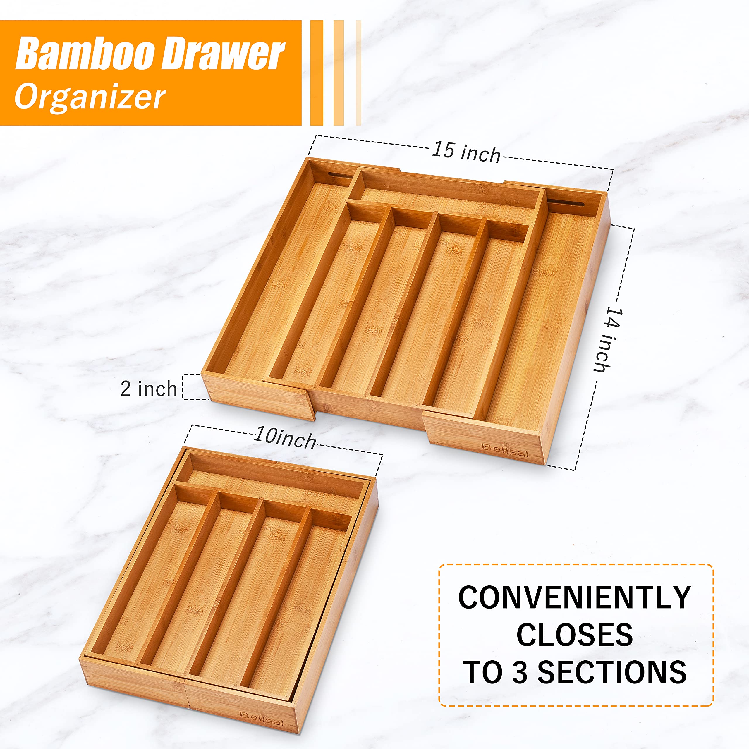 Bellsal expandable-bamboo-drawer-tray adapts to drawer width for versatile storage.