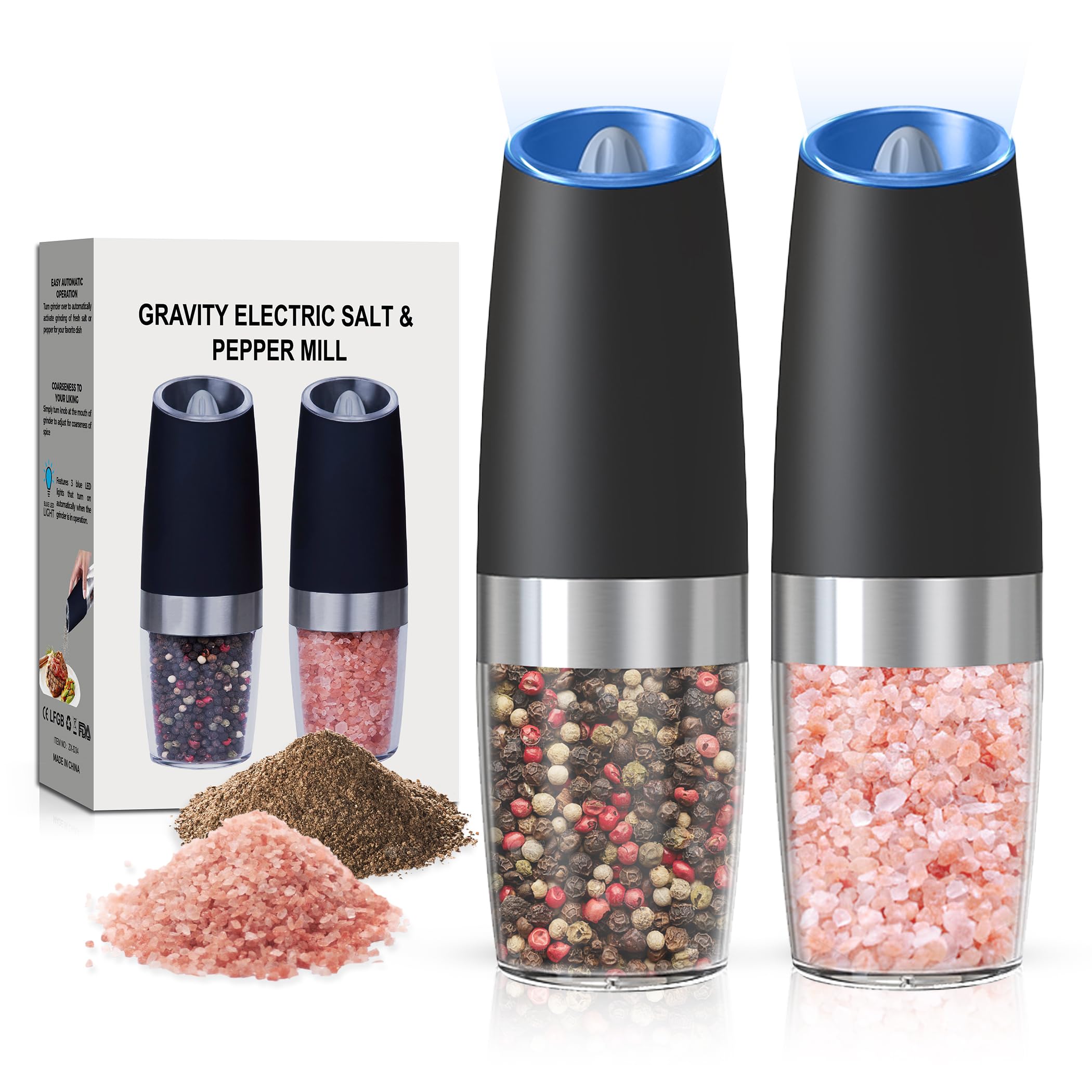 BELRIGO tilt-gravity grinders with LED for easy, hands-free seasoning