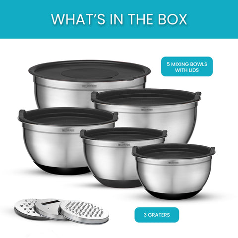Belwares 5qt stainless bowls are ideal for large batters and marinating.