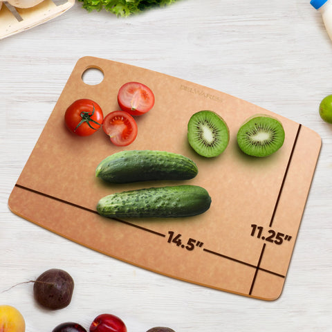 Belwares composite cutting board showing the hanging hole for storage.