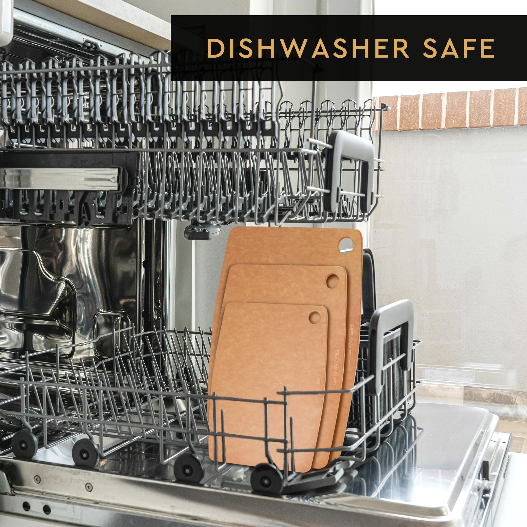 Belwares cutting board dishwasher-safe kitchen scene demonstrates easy cleanup after preparation