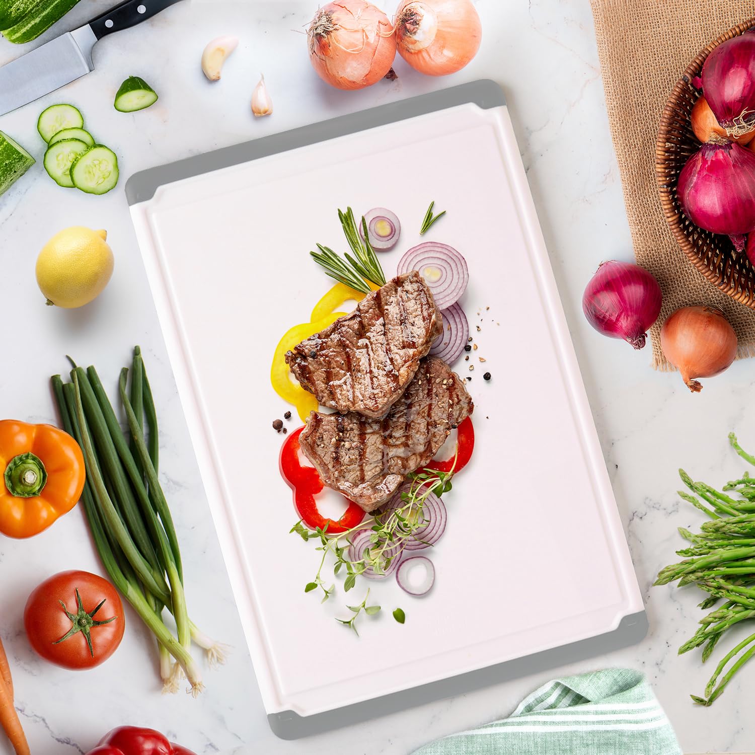 Belwares grey finish cutting board complements modern kitchen decor.