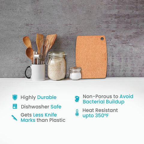 Belwares cutting board with hanging hole stores neatly in small kitchens.