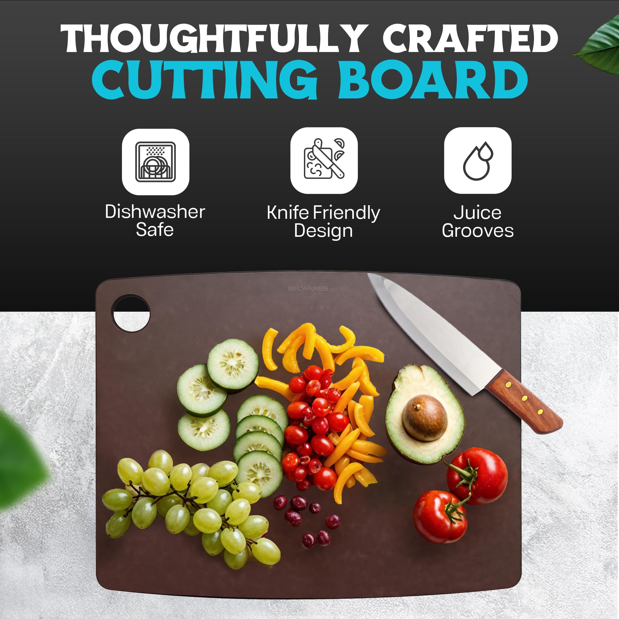 Belwares Nutmeg Brown cutting board, dishwasher-safe, easy cleanup after meals.